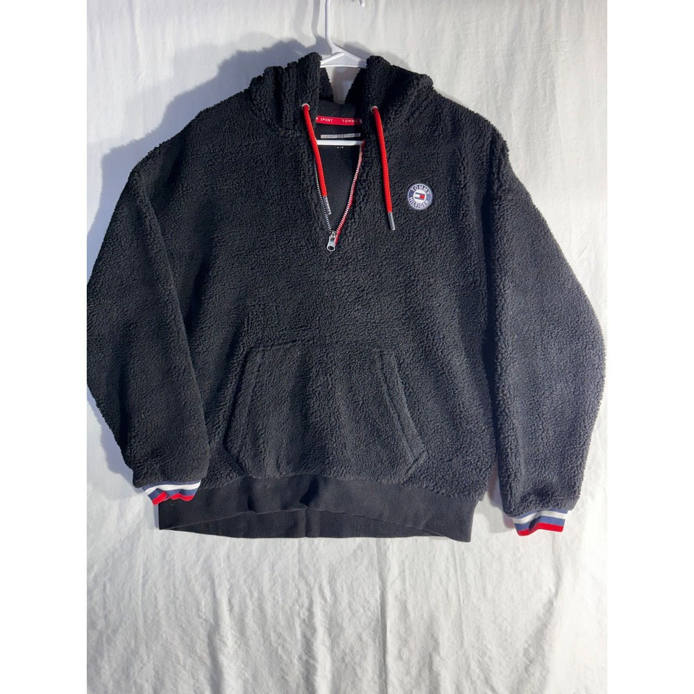 Tommy Hilfiger Sport Mens Black Sherpa Quarter Zip Hoodie Small Faux Fur Top